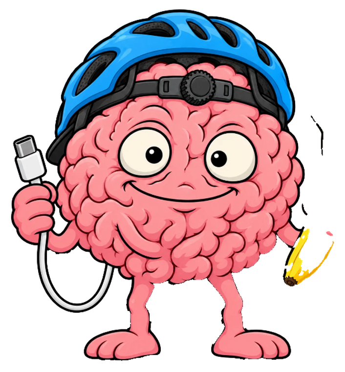 A cartoon pink brain wearing a blue bicycle helmet, smiling and holding a USB-C cable